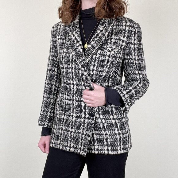 Vintage Jackets & Blazers - Vintage Plaid Tweed Houndstooth Oversized Blazer Jacket Coat Preppy Wool Peacoat